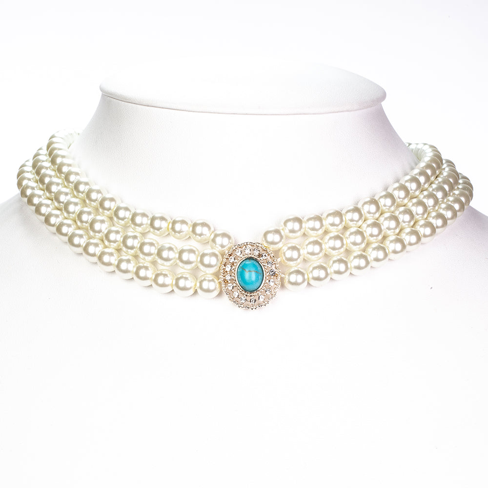 Arany tónusú Emporia Ötvözetű Szett Üveggyönggyel és Türkizzel ( Nyaklánc+Fülbevaló )