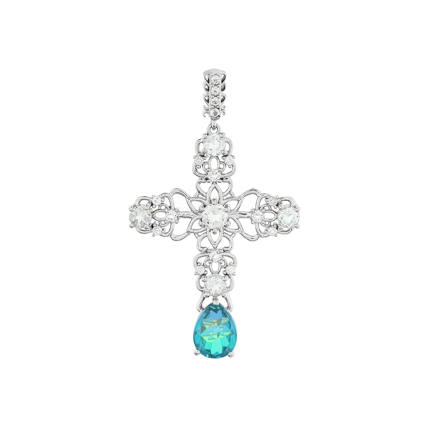 Kereszt Ezüst Medál Páva Kvarccal és Fehér Topázzal