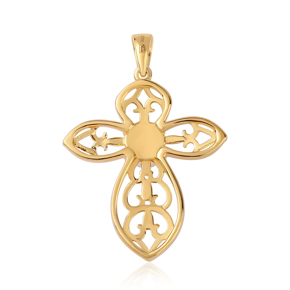 Kereszt Arannyal Bevont Ezüst Medál Fehér Édesvízi Kagylógyönggyel