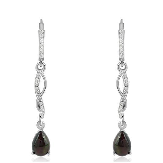 Ezüst Fülbevaló Lega Dembi Éjfekete Etiópiai Opállal és Fehér Topázzal