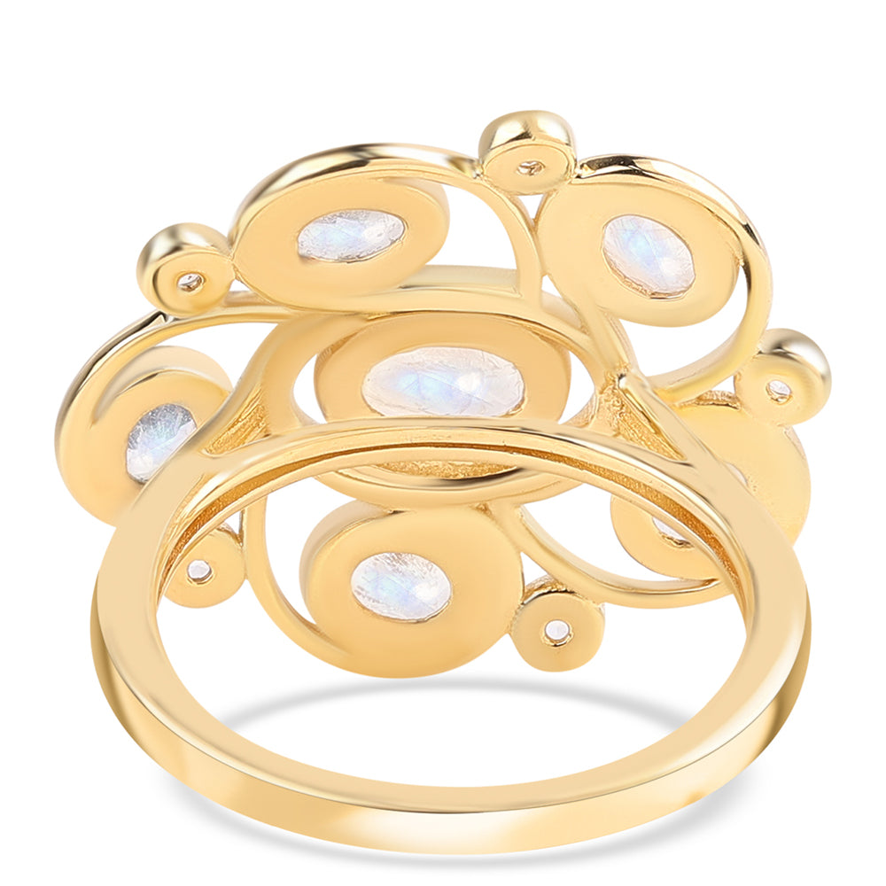 Arannyal Bevont Ezüst Gyűrű "AA" Osztályú Szivárvány Holdkővel és Fehér Topázzal