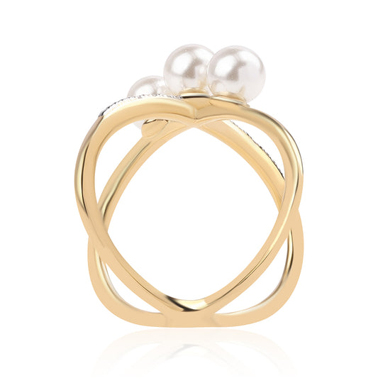 Arannyal Bevont Ezüst Gyűrű Fehér Édesvízi Kagylógyönggyel és Fehér Topázzal