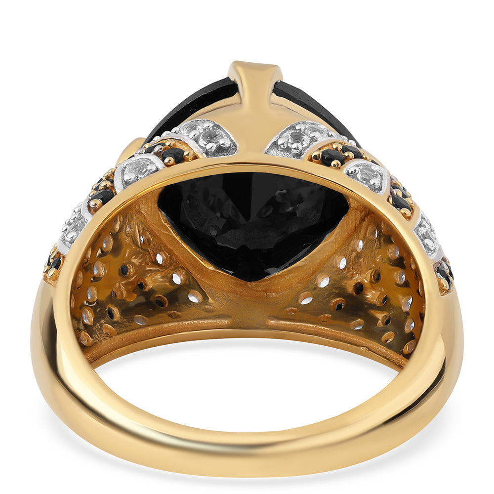 Arannyal Bevont Ezüst Gyűrű Fekete Spinellel és Fehér Topázzal