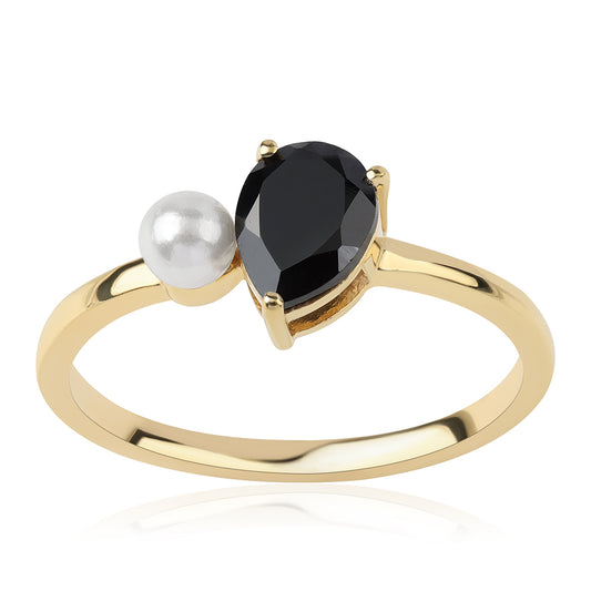 Arannyal Bevont Ezüst Gyűrű Fekete Spinellel és Fehér Édesvízi Kagylógyönggyel