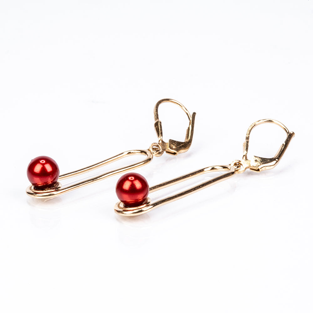 Arannyal Bevont Ezüst Fülbevaló Vörös Édesvízi Kagylógyönggyel