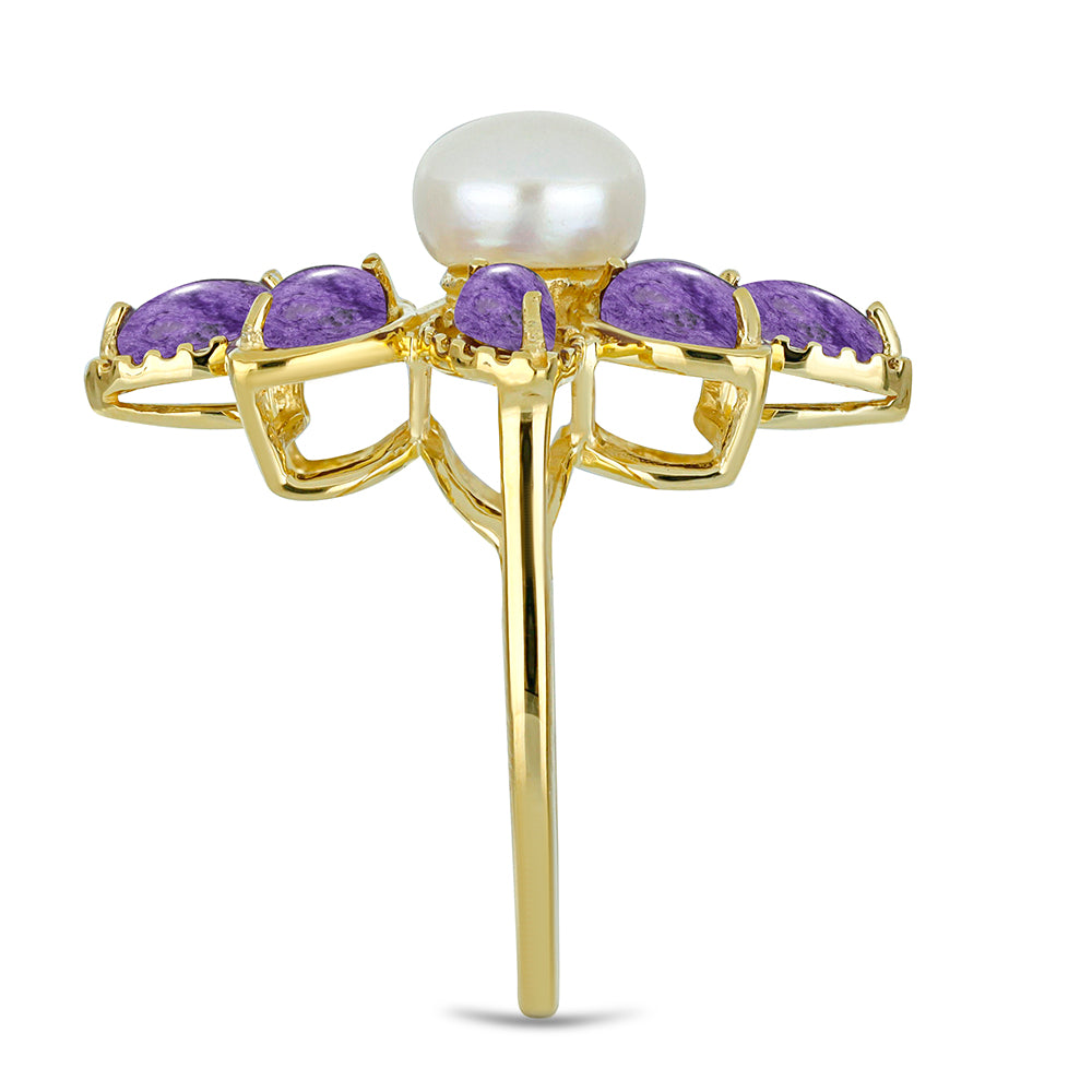 Arannyal Bevont Ezüst Gyűrű Karoittal és Fehér Édesvízi Kagylógyönggyel