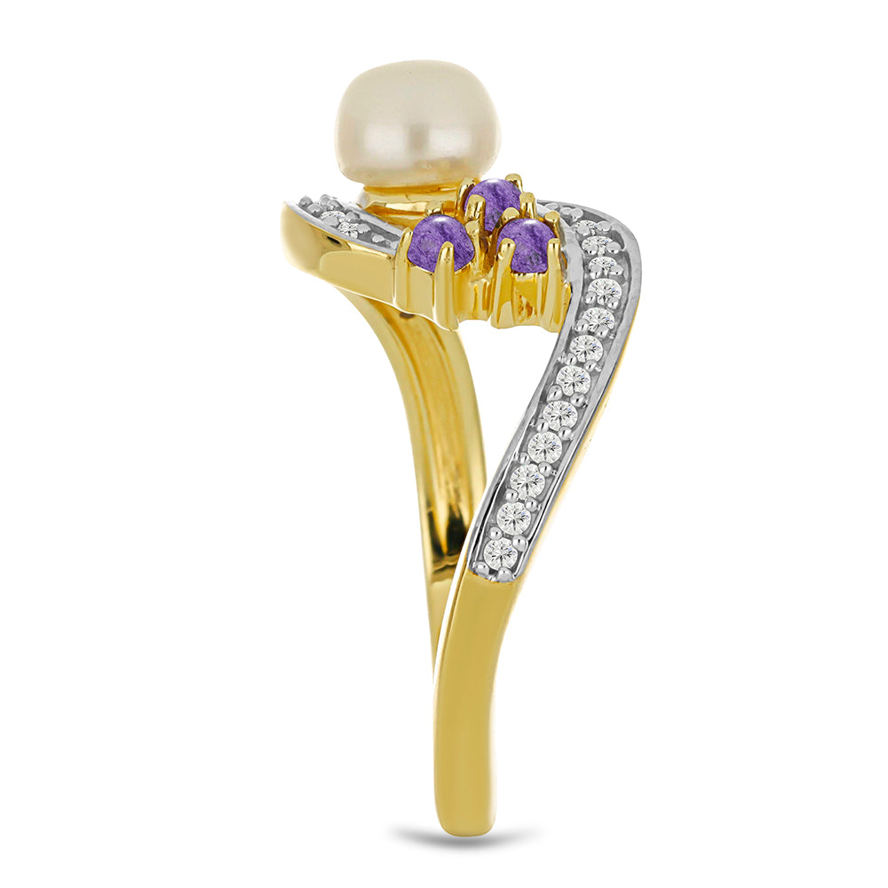 Arannyal Bevont Ezüst Gyűrű Karoittal és Fehér Édesvízi Kagylógyönggyel