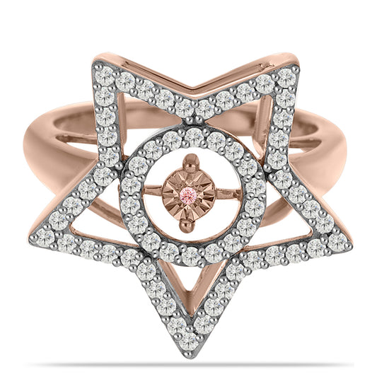 Rózsaarannyal Bevont Ezüst Gyűrű Rózsaszín Táncoló Gyémánttal és Fehér Topázzal