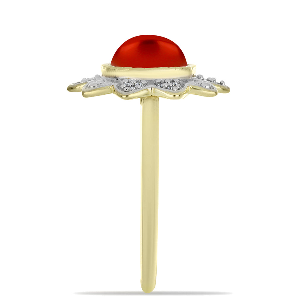 Arannyal Bevont Ezüst Gyűrű Vörös Édesvízi Kagylógyönggyel és Fehér Topázzal