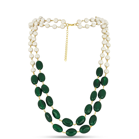 Arannyal Bevont Ezüst Nyaklánc Zöld Jadeittel és Fehér Édesvízi Kagylógyönggyel