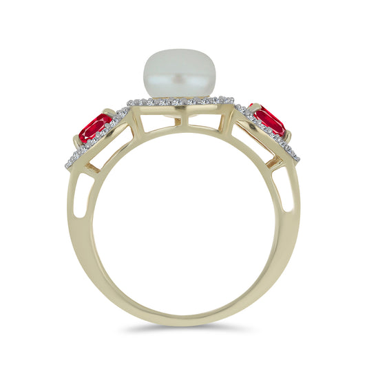 Arannyal Bevont Ezüst Gyűrű Fehér Édesvízi Kagylógyönggyel és Madagaszkári Rubinnal