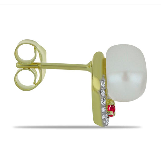 Arannyal Bevont Ezüst Fülbevaló Fehér Édesvízi Kagylógyönggyel és Madagaszkári Rubinnal