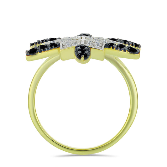 Arannyal Bevont Ezüst Gyűrű Fekete Spinellel és Fehér Topázzal