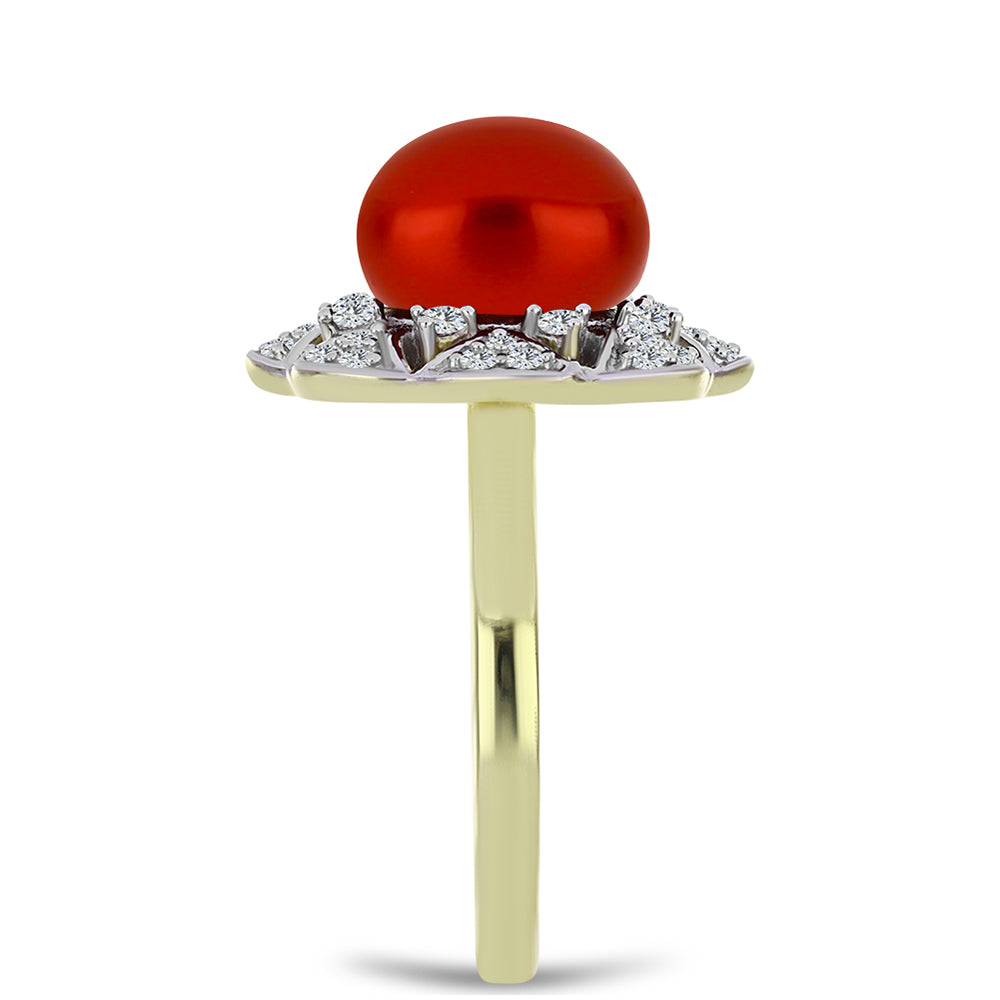 Arannyal Bevont Ezüst Gyűrű Vörös Édesvízi Kagylógyönggyel és Fehér Topázzal