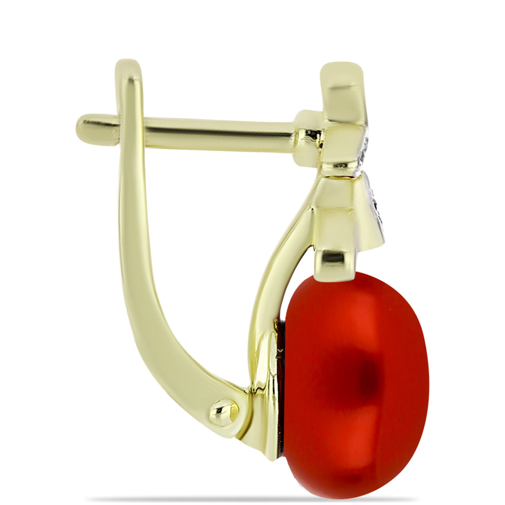 Arannyal Bevont Ezüst Fülbevaló Vörös Édesvízi Kagylógyönggyel és Fehér Topázzal