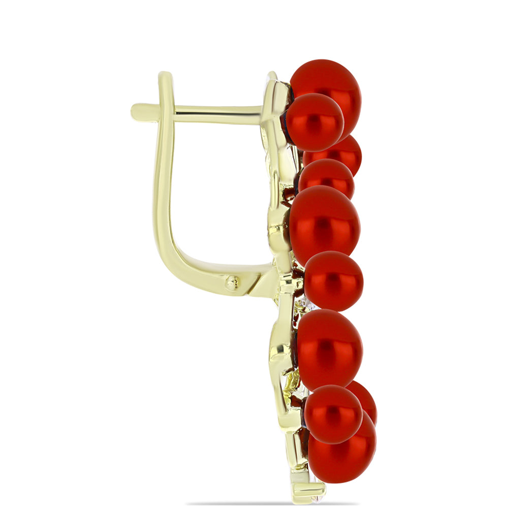 Arannyal Bevont Ezüst Fülbevaló Vörös Édesvízi Kagylógyönggyel és Fehér Topázzal