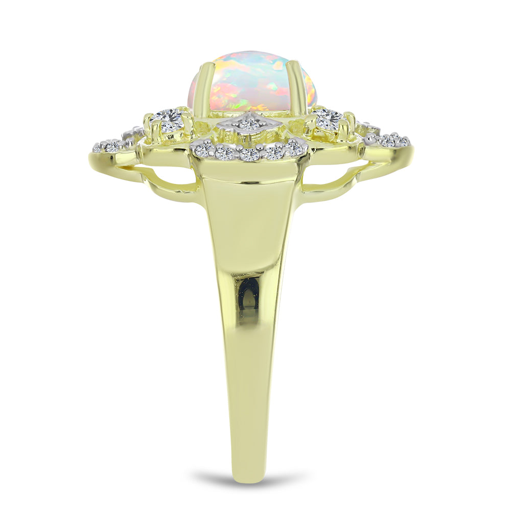 Arannyal Bevont Ezüst Gyűrű Etiópiai Opállal és Fehér Topázzal