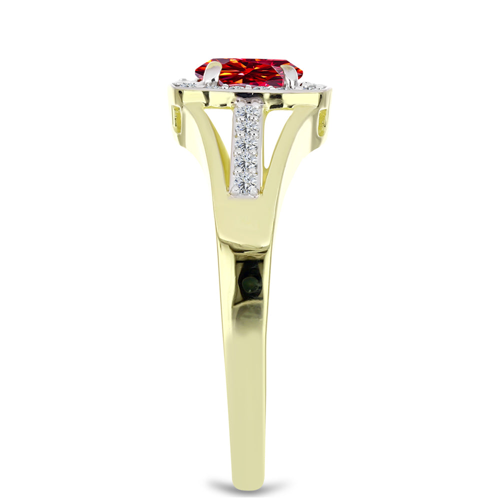 Arannyal Bevont Ezüst Gyűrű Fenséges Vörös Moissanite-tal és Fehér Topázzal