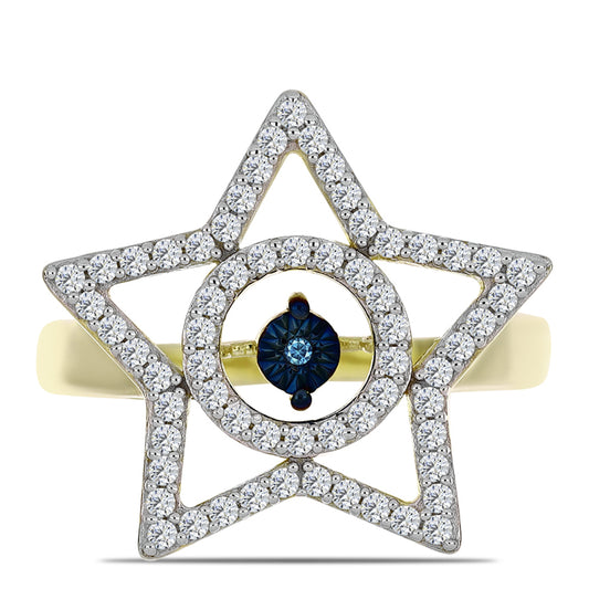 Arannyal Bevont Ezüst Gyűrű Kék Táncoló Gyémánttal és Fehér Topázzal