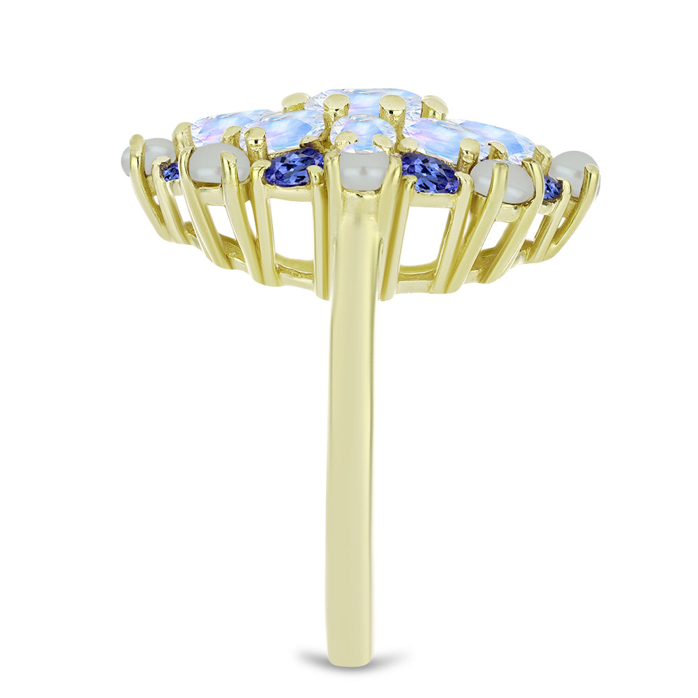 Arannyal Bevont Ezüst Gyűrű Fehér Édesvízi Kagylógyönggyel és Tanzanittal