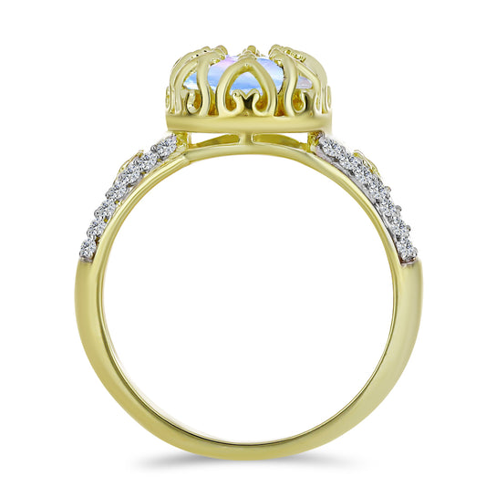 Arannyal Bevont Ezüst Gyűrű Szivárvány Holdkővel és Fehér Topázzal