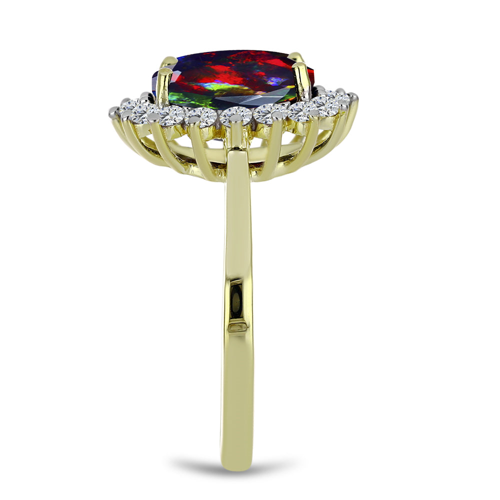 Arannyal Bevont Ezüst Gyűrű Lega Dembi Éjfekete Etiópiai Opállal és Fehér Topázzal