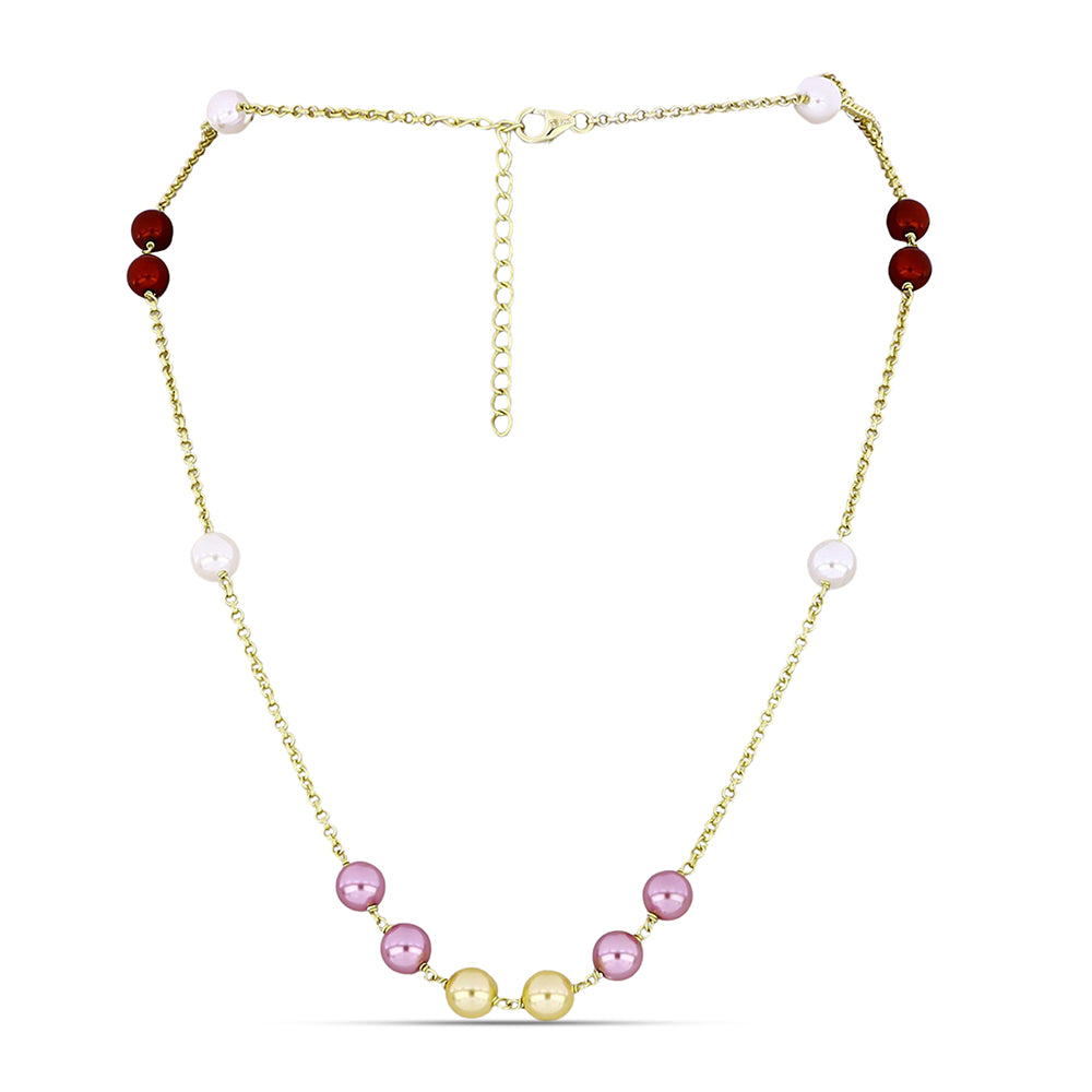 Arannyal Bevont Ezüst Nyaklánc Fehér Édesvízi Kagylógyönggyel és Barackszínű Édesvízi Kagylógyönggyel