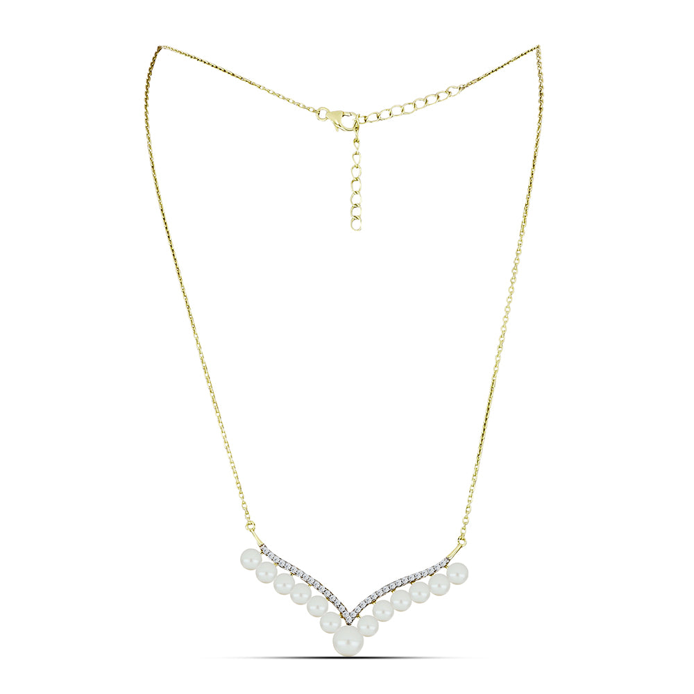 Arannyal Bevont Ezüst Nyaklánc Fehér Édesvízi Kagylógyönggyel és Fehér Topázzal