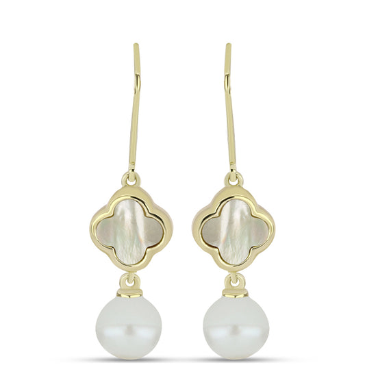 Arannyal Bevont Ezüst Fülbevaló Gyöngyházzal és Fehér Édesvízi Kagylógyönggyel