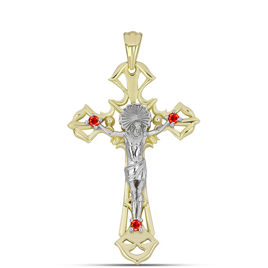 Kereszt Sárga és Fehér Arannyal Bevont Ezüst Medál Etiópiai Vörös Opállal
