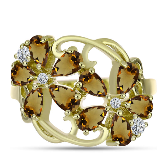 Arannyal Bevont Ezüst Gyűrű Kognak Kvarccal és Fehér Topázzal