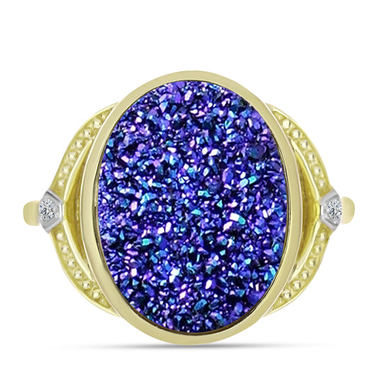 Arannyal Bevont Ezüst Gyűrű Lila Drusy-val és Fehér Topázzal