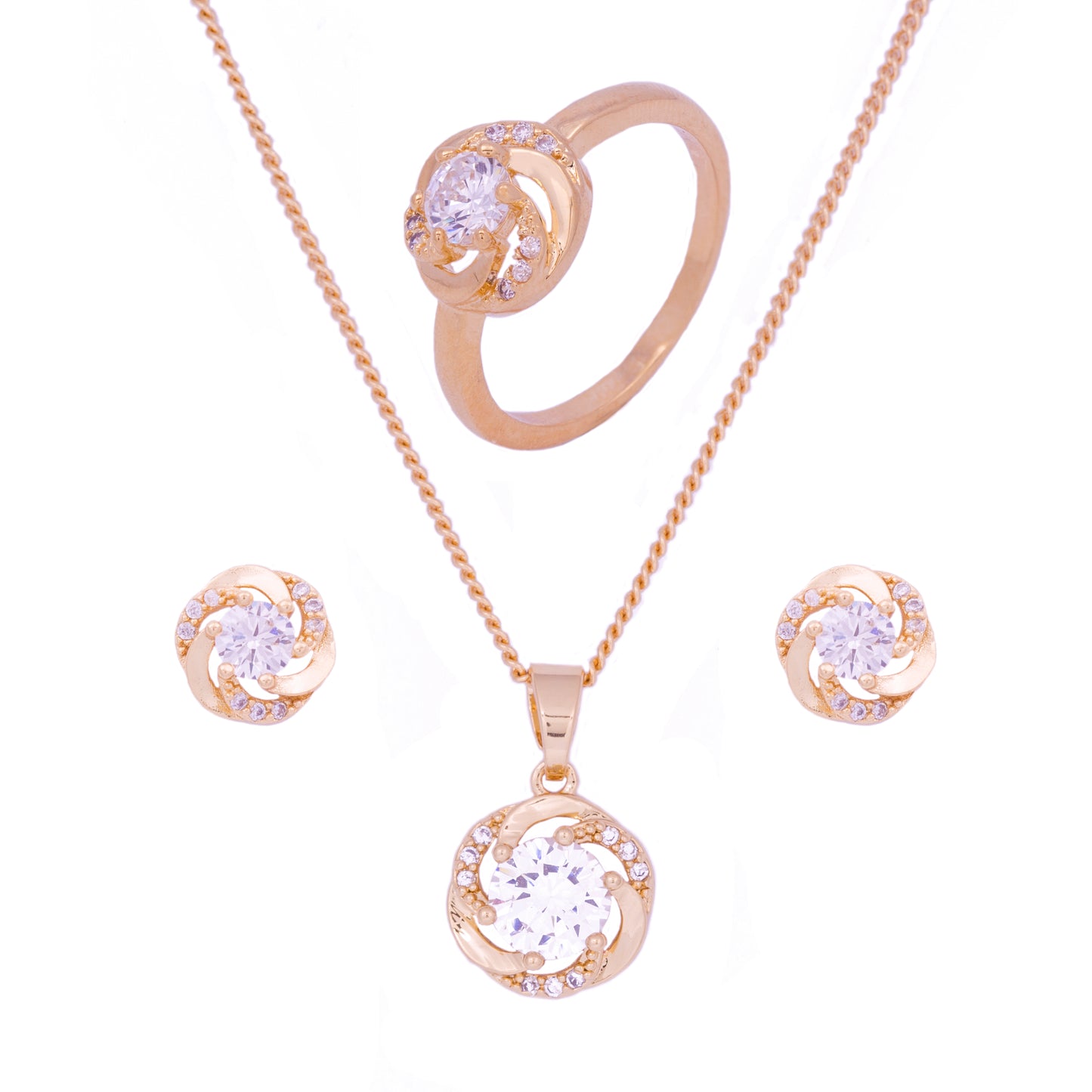 Arany tónusú Emporia Ötvözetű Szett Fehér Emporia® Kristállyal ( Nyaklánc+Fülbevaló+Gyűrű )