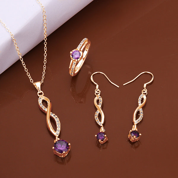 Arany tónusú Emporia Ötvözetű Szett Lila Emporia® Kristállyal ( Nyaklánc+Fülbevaló+Gyűrű )