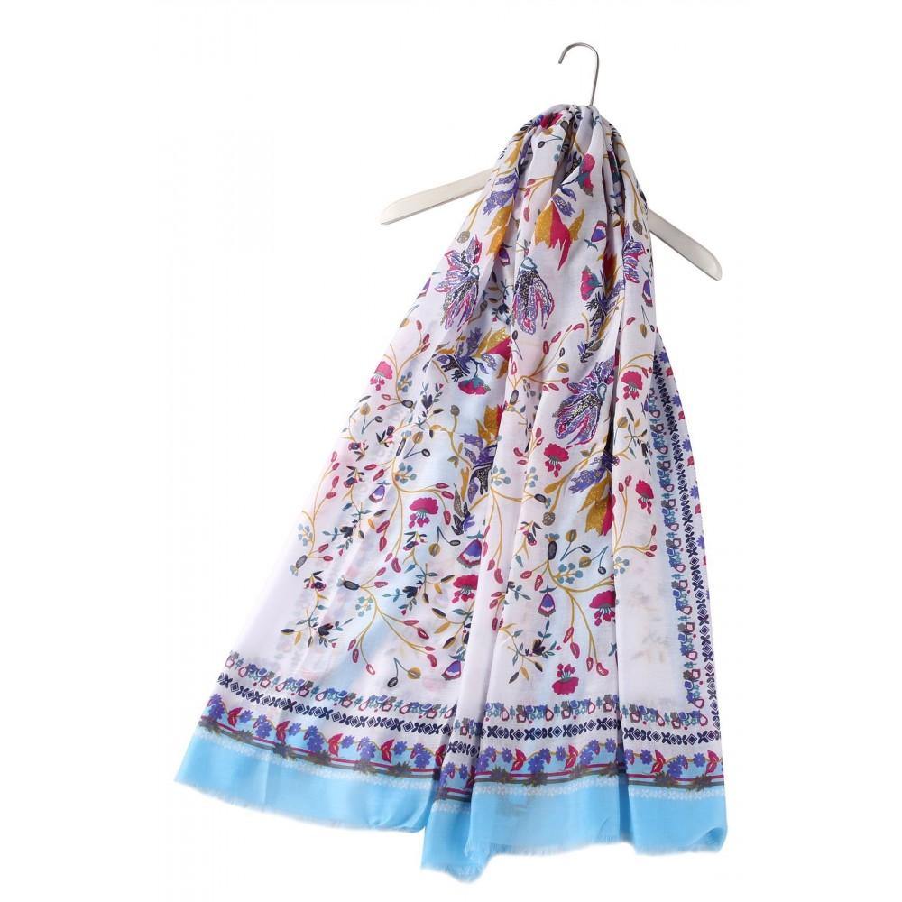 Népi Stílusú, Virág Mintás, Sál-Kendő, 90 cm x 180 cm, Baba Kék - Ékszer Akció