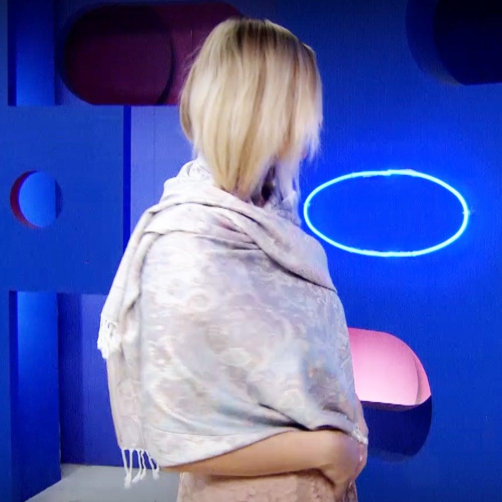 100% Valódi Pashmina Kasmír Sál-Kendő, 70 cm x 180 cm, Fényes Kasmír Mintás Rózsaszín és Fehér - Ékszer Akció