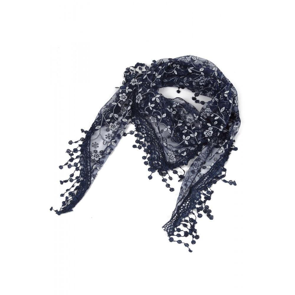 Csillogó Virág Mintás Háromszög Sál-Kendő, 45 cm x 45 cm x 170 cm, Kék - Ékszer Akció