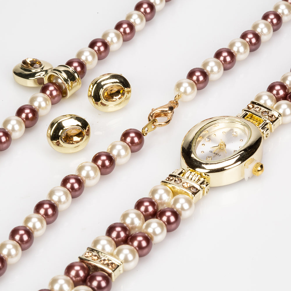 Arany tónusú Emporia Ötvözetű Szett Barna Kagylógyönggyel ( Nyaklánc+Fülbevaló+Medál )