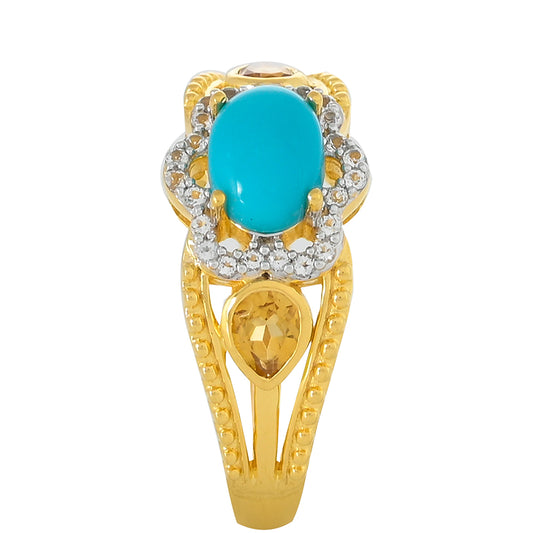 Arannyal Bevont Ezüst Gyűrű Csipkerózsika Türkizzel és Citrinnel