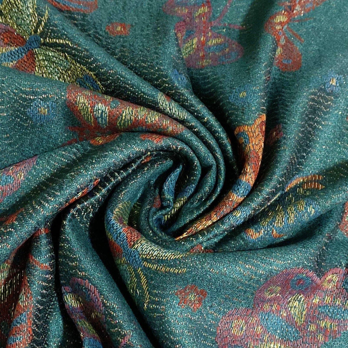 100% Valódi Pashmina Kasmír Sál-Kendő, 70 cm x 170 cm, Pillangó Mintás, Fényes Zöldeskék - Ékszer Akció