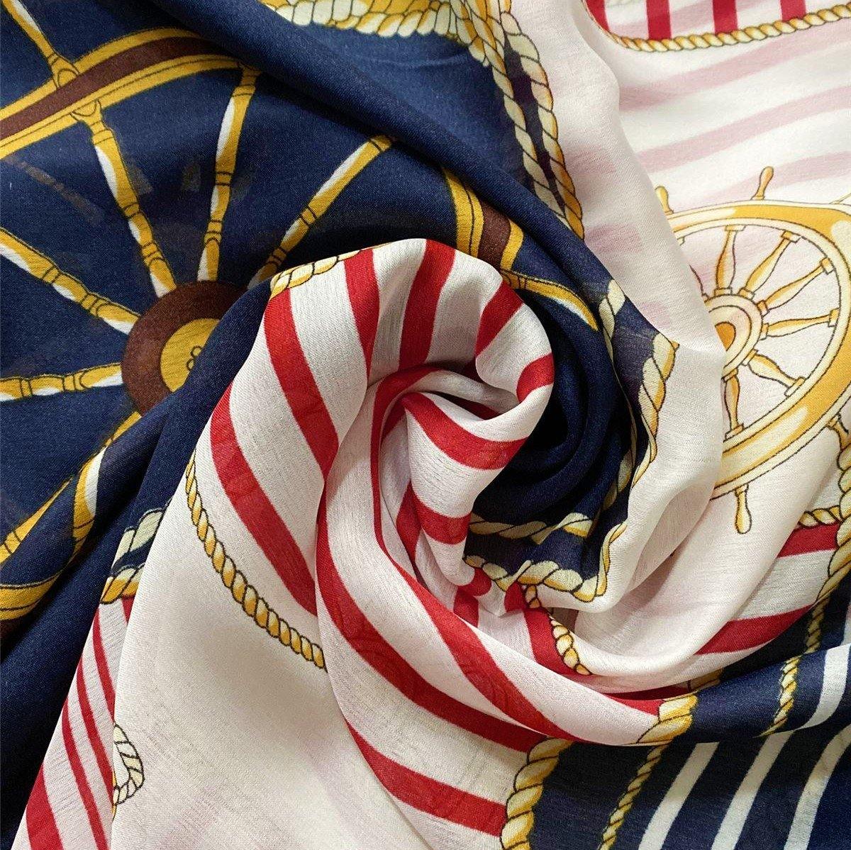 Selyem Sál-Kendő, 90cm x 180 cm, Hajó Kormánykerék és Horgony Mintás - Ékszer Akció