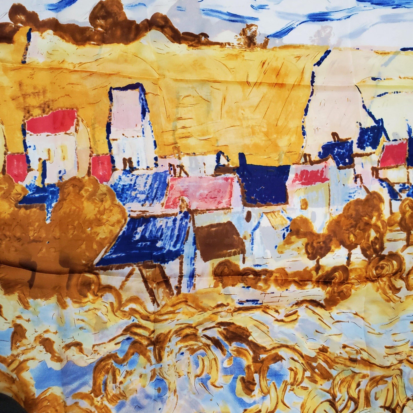 100% Valódi Selyem Sál-Kendő, 90 cm x 180 cm, Impresszionista Stílusú Mintás - Ékszer Akció