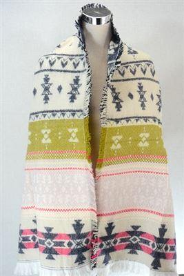 Gyapjú Sál-Kendő, 190 cm x 53 cm, Azték Mintás, Krém és Sötétkék - Ékszer Akció