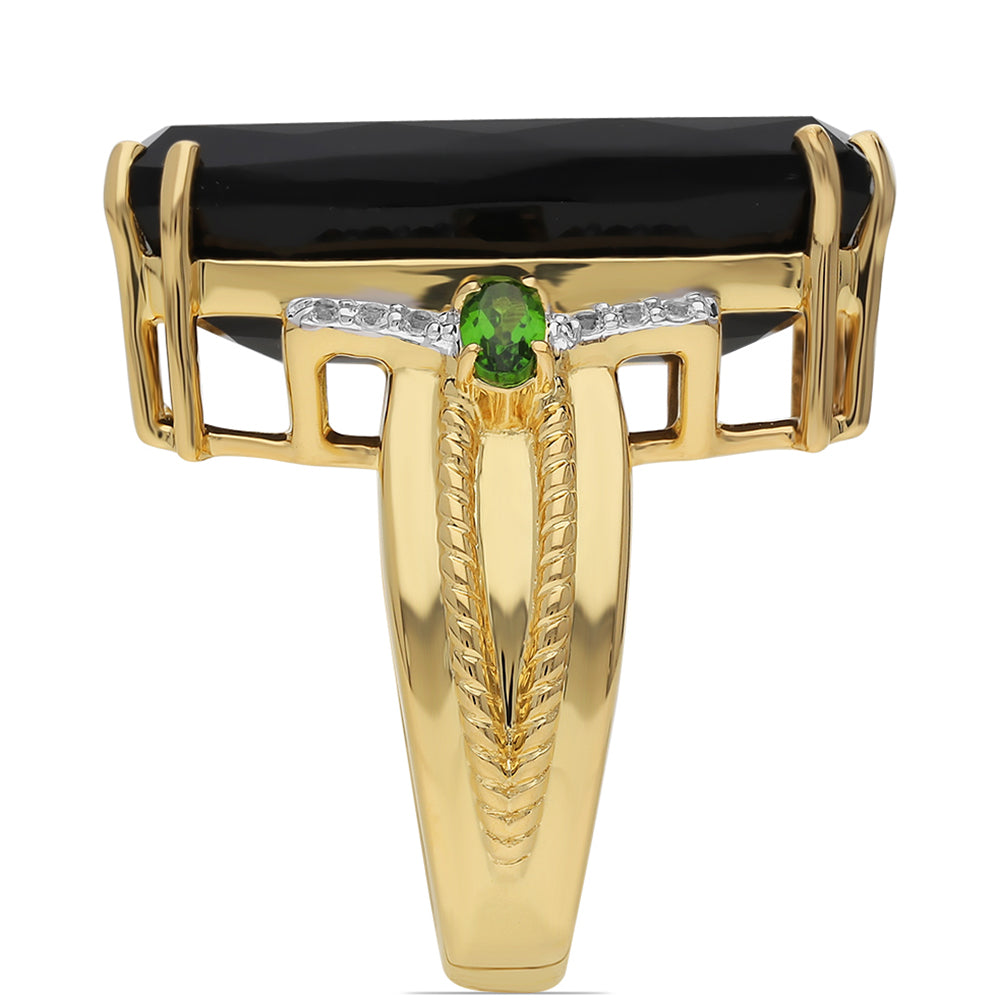 Arannyal Bevont Ezüst Gyűrű Fekete Onixszal és Króm Diopsziddal