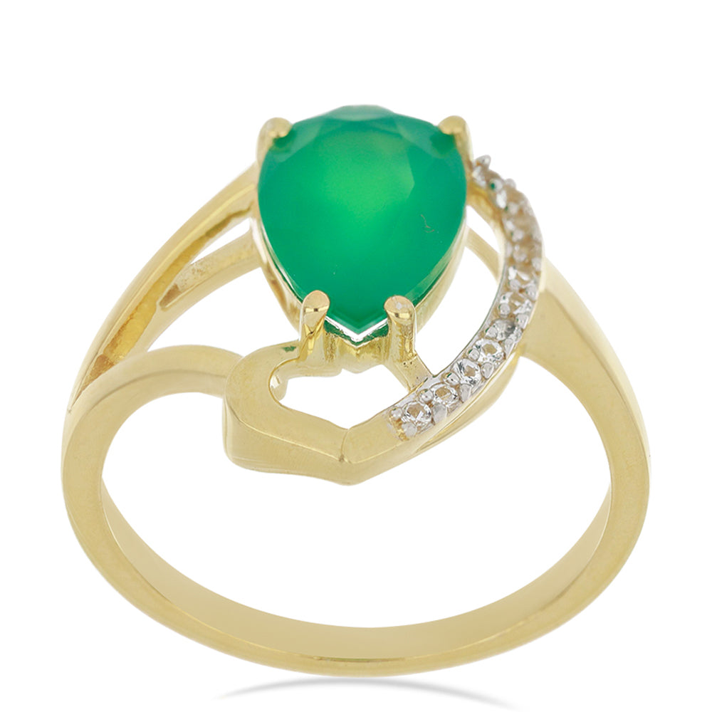 Arannyal Bevont Ezüst Gyűrű Spruc Pine Zöld Acháttal és Fehér Topázzal