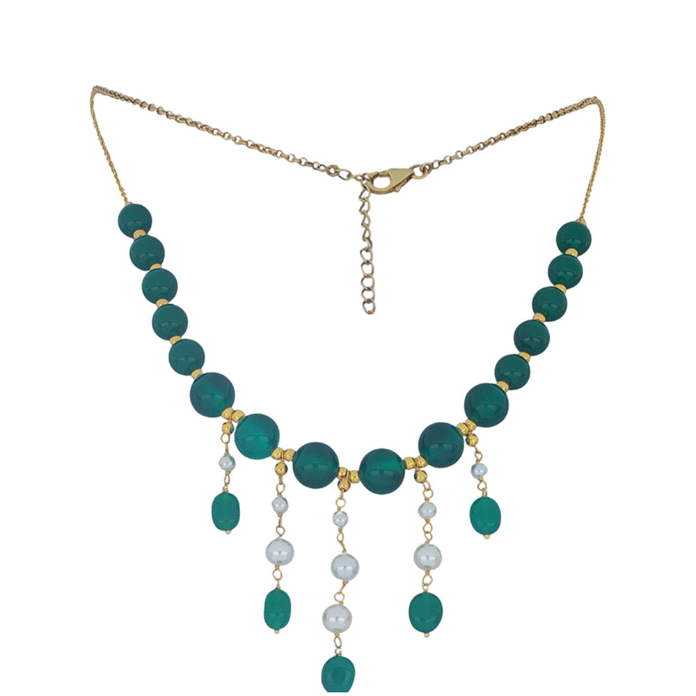 Arannyal Bevont Ezüst Nyaklánc Zöld Acháttal és Fehér Édesvízi Kagylógyönggyel