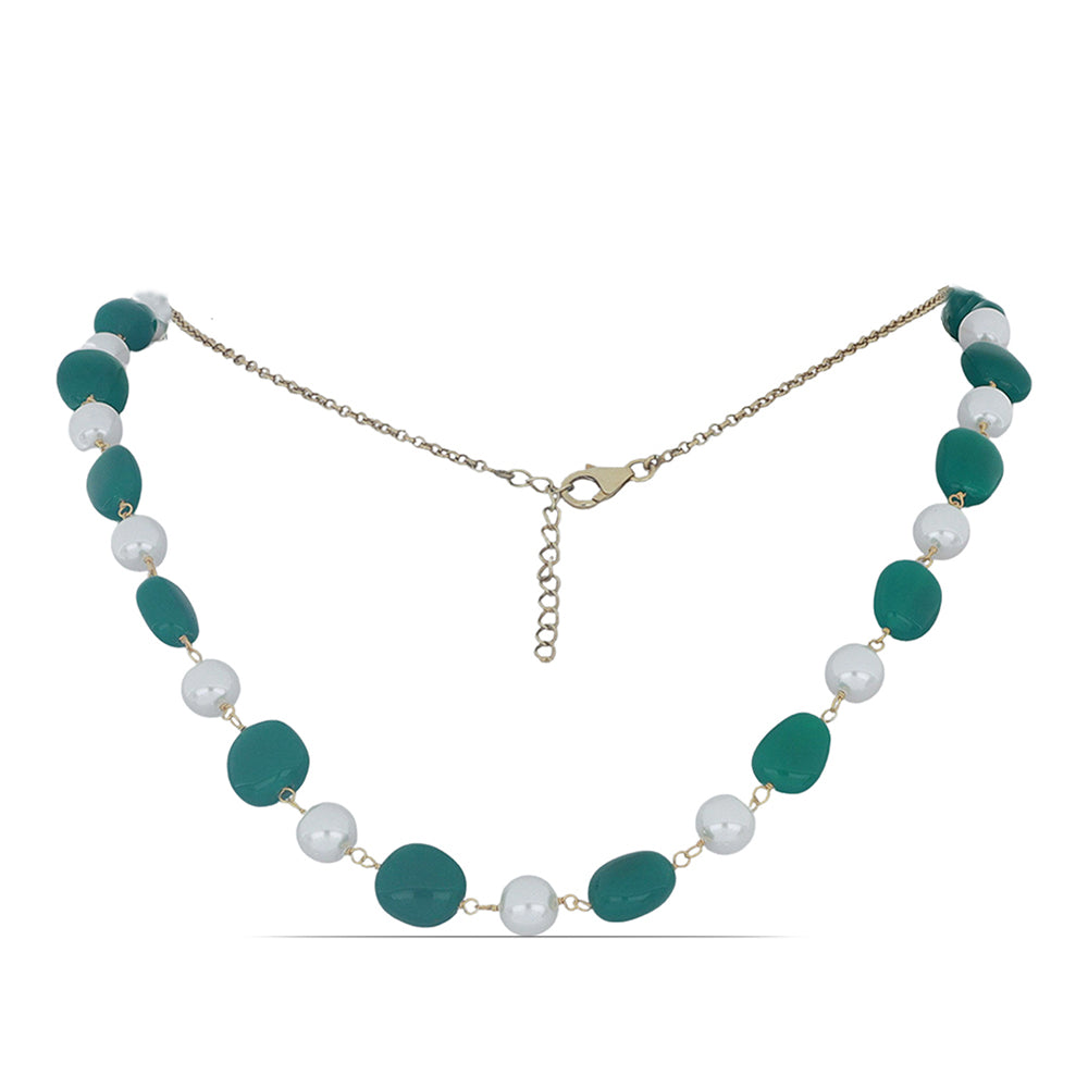 Arannyal Bevont Ezüst Nyaklánc Zöld Acháttal és Fehér Édesvízi Kagylógyönggyel