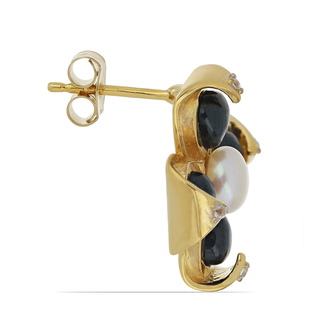Arannyal Bevont Ezüst Fülbevaló Suwari Fekete Onixszal és Fehér Édesvízi Kagylógyönggyel