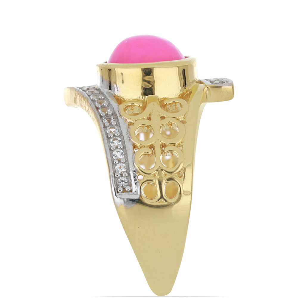 Arannyal Bevont Ezüst Gyűrű Lega Dembi Etiópiai Rózsaszínű Opállal és Fehér Topázzal