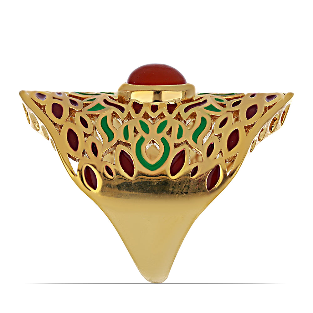 Arannyal Bevont Ezüst Gyűrű Tűzzománccal és Vörös Acháttal